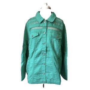 DG2 3X Y2K Boho Festival Crochet‎ Accent Oversized Teal Denim Jacket Cowgirl NWT